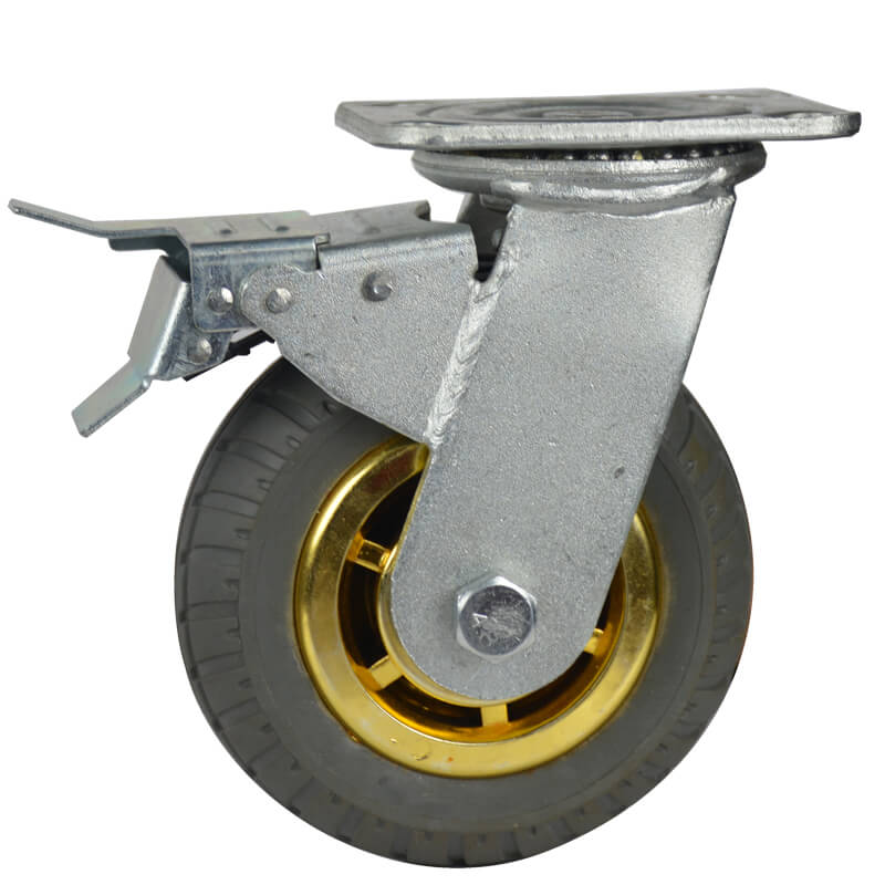 Industrail Gray Elastic Rubber Swivel Caster Wheels With Double Brake